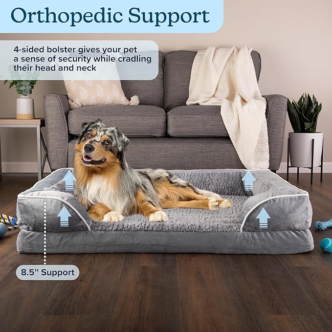 PETMAKER Orthopedic Dog Bed - 42in Dog Couch Bed with Supportive Wraparound Bolster and Removable Washable Cover - Egg-Crate Foam Extra Large Dog Bed for Pets up to 65lbs - Dog Products (Gray)