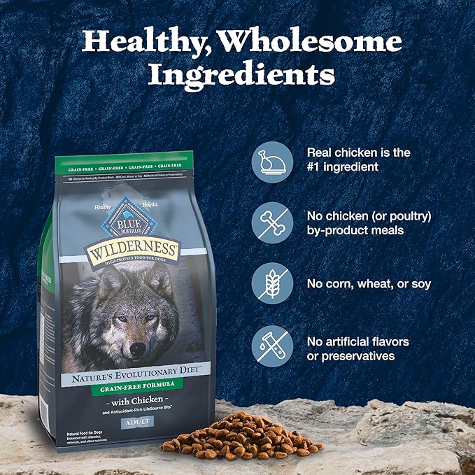 Blue Buffalo Wilderness High Protein Grain Free Dry Food for Adult Dogs, 34% Protein, with Chicken, 34 lb. Bag