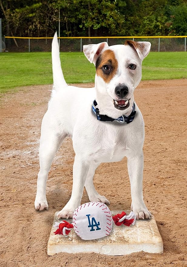 MLB LOS ANGELES DODGERS Baseball Rope Toy for DOGS & CATS. Tough nylon, Sporty Baseball Design, Heavy-duty ropes with Inner SQUEAKER