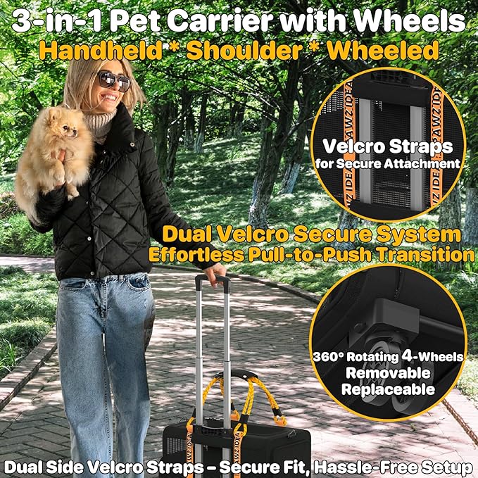 PAWZIDEA Expandable Pet Carrier with Wheels, 18"x11"x11" TSA Airline Approved Cat Carrier for 2 Cats Under Seat, Collapsible Soft-Sided Small Dog Rolling Travel Bag with Telescopic Handle, Up to 18lbs