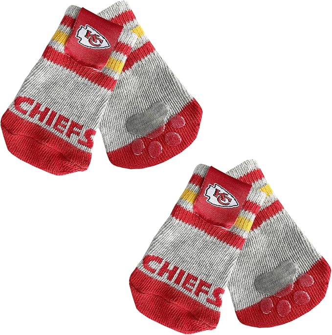NFL Kansas City Chiefs Anti Slip Dog Socks with Elastic Ribbed Top, Size X-Small/Small. Indoor/Outdoor Socks, Best Dog Paw Protector, 2 Pairs, Cool Puppy Supplies with NFL Logo of Chiefs Team