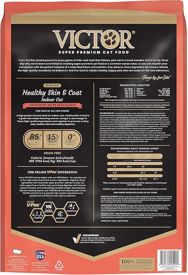 VICTOR Super Premium Cat Food – Grain Free Healthy Skin & Coat - Dry Kibble for Indoor Cats – High Protein - 38% Protein, 18% Fat - Made with Salmon and Fish Meal – All Breeds & All Life Stages, 15lb