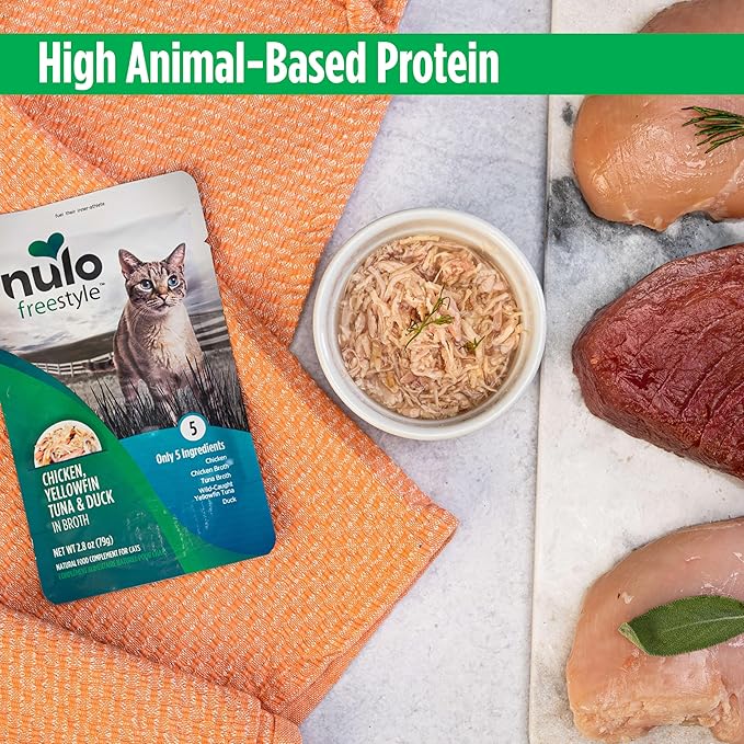 Nulo Freestyle Cat & Kitten Wet Cat Food - Chicken, Tuna & Duck in Broth, Grain-Free, High Protein Soft Food Topper Treat, 2.8oz Pouches (Pack of 24)