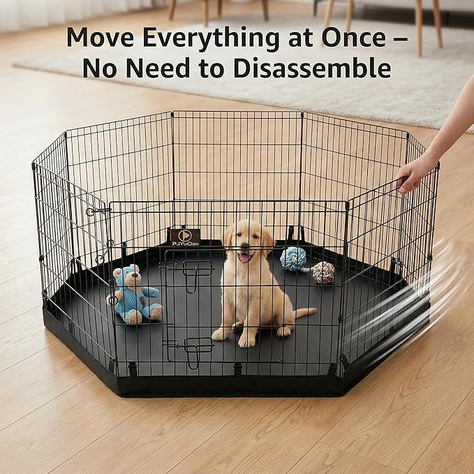 PJYuCien Octagonal Playpen Bottom Pad for 24" Side Metal Pet Pen, Waterproof 600D Oxford with Raised Edges & Snap Hooks, Washable for Puppy Small Animals, Black