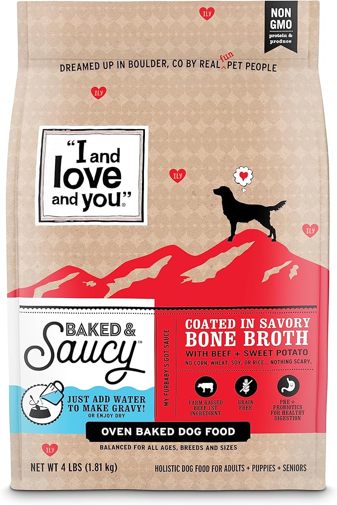 I and love and you Baked & Saucy Dry Dog Food with Gravy Coating, Beef & Sweet Potato Recipe, Grain-Free, Prebiotics & Probiotics, Real Meat, No Fillers, 4 Pound Bag