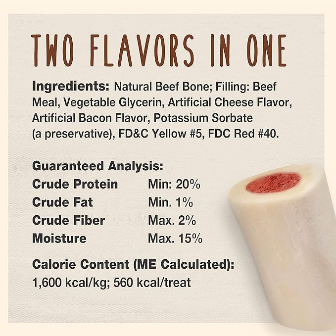 Cadet Stuffed Shin Bone, Long-Lasting Dog Chew Bones for Aggressive Chewers, High Protein Filled Bone Dental Chew for Dogs, Bacon & Cheese Flavor Filling, 3-4" for Small Dogs