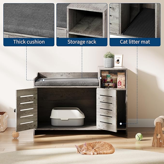 Cat Litter Box Enclosures, Large Hidden Cat Litter Box Furniture with Double Door, Wooden End Table Litter Box Cabinet with Storage Shelf, Cushion & Litter Mat, Dog Proof Design, Modern Cat House
