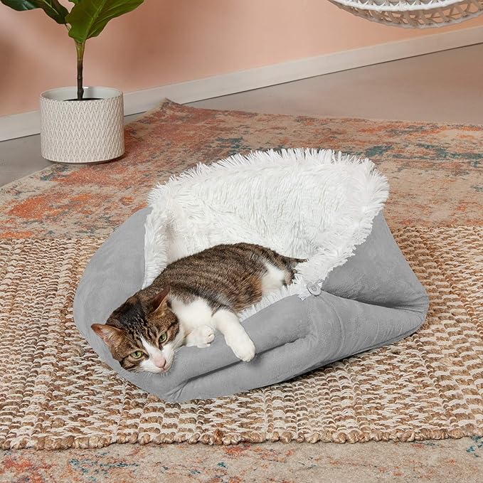 Furhaven Self-Warming Cat Bed for Indoor Cats, 4-Beds-in-1 & Washable - Plush Long Faux Fur Convertible Cuddler - Silver, Large
