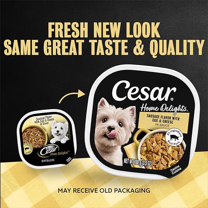 Cesar Home Delights Adult Wet Dog Food Sausage Flavor with Egg & Cheese in Sauce, 3.5 oz. Easy Peel Dog Food Tray, 24 Count (Pack of 1)