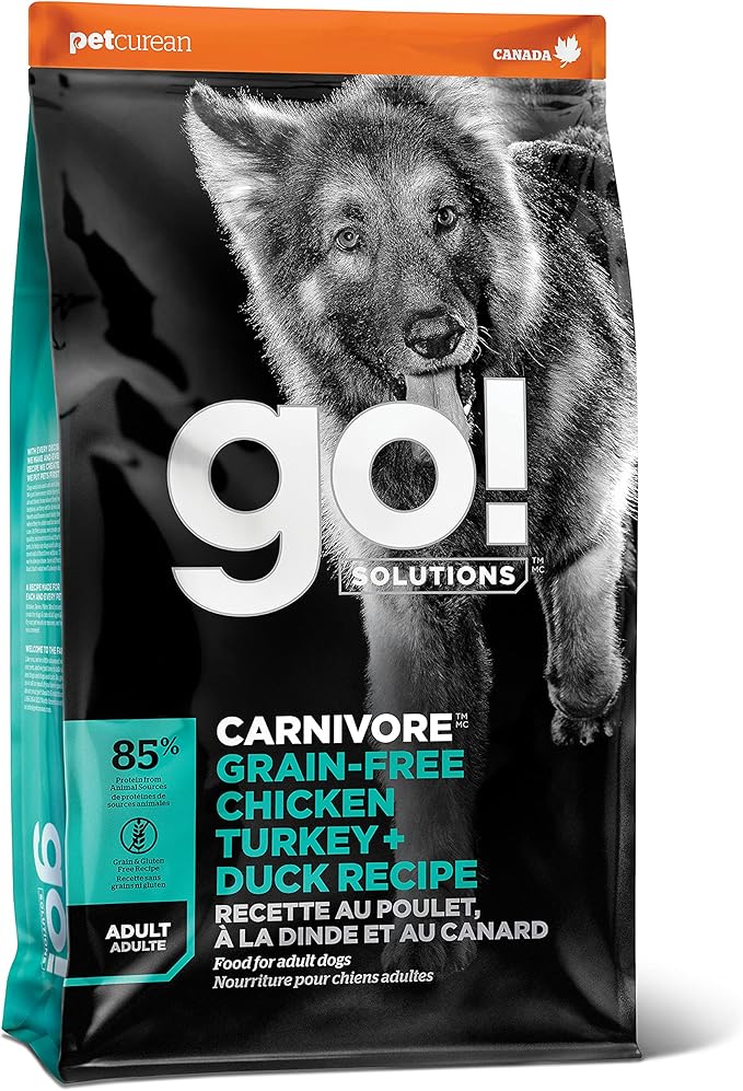Go! Solutions Carnivore Chicken, Turkey + Duck Grain-Free Dry Adult Dog Food, Our Highest-Protein Kibble Made with Real Meat & Fish, Pumpkin & Probiotics for Good Digestion, 22 lb Bag