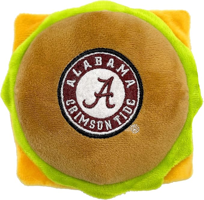 NCAA Alabama Crimson Tide Cheeseburger Plush Dog & CAT Squeak Toy- Cutest Stadium Hamburger Snack Plush Toy for Dogs & Cats with Inner Squeaker & Beautiful Football/Basketball Team Name/Logo