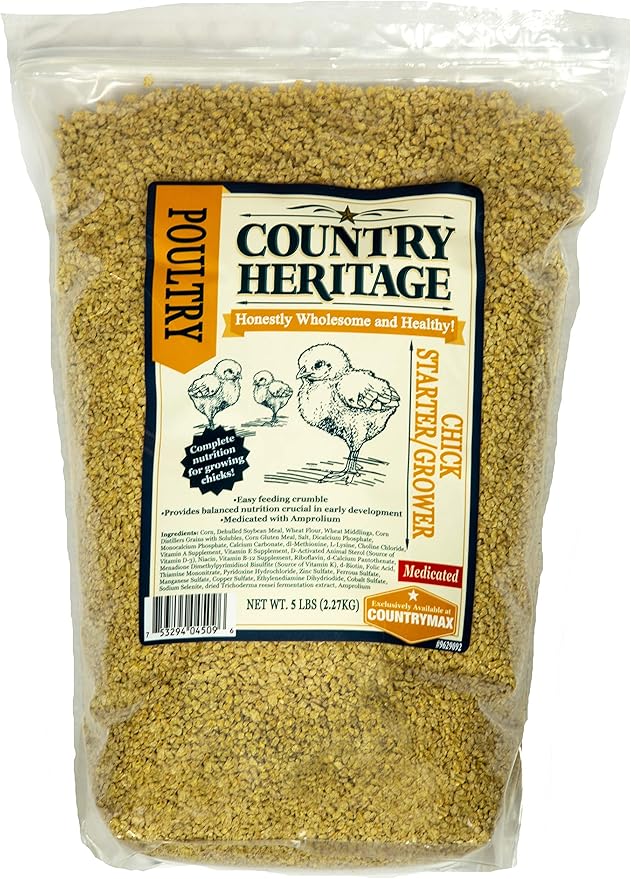 Country Heritage Medicated Chick Starter Grower Feed 10lbs - Complete Nutrition Crumble for Baby Chicks 0-8 Weeks, 18% Protein