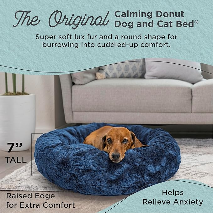 Best Friends by Sheri The Original Calming Donut Dog Bed for Small Dogs up to 25 lbs, Lux Faux Fur, Navy Blue, 23" x 23"
