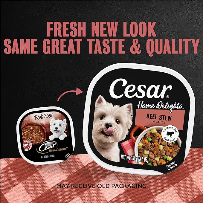 Cesar Home Delights Adult Soft Wet Dog Food Beef Stew, 3.5 oz. Easy Peel Dog Food Tray, 24 Count (Pack of 1)