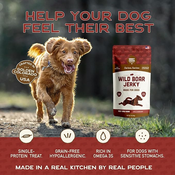 Smart Cookie 100% Wild Boar Jerky Dog Treats - Single Ingredient Hypoallergenic Training Treats for Dogs and Puppies with Sensitive Stomachs - 100% Boar Meat, Grain Free, Made in USA - 3oz (3 Pack)