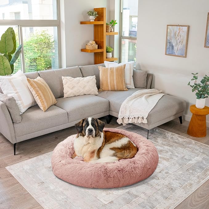 Best Friends by Sheri The Original Calming Donut Dog Bed for Extra-Large Dogs up to 150 lbs, Shag Faux Fur, Dusty Rose, 45" x 45"