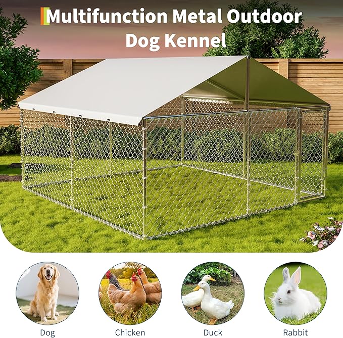 GarveeHome 10X10x6 FT Large Outdoor Dog Kennel, Dog Kennel Outside with Roof, Dog Enclosure with Waterproof & UV-Resistant Cover ＆ Reinforced Galvanized Steel for Yard, Farm Use