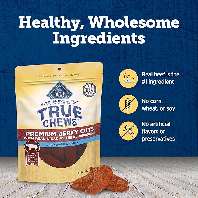 Blue Buffalo True Chews Premium Jerky Cuts Dog Treats, Made in the USA with Natural Ingredients, Beef, 10-oz Bag