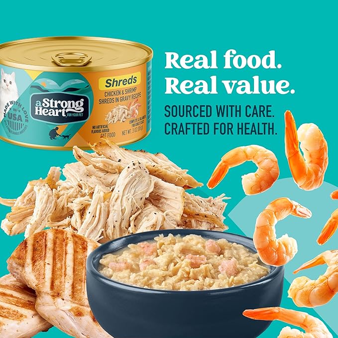 A Strong Heart Wet Cat Food, Chicken & Shrimp Shreds in Gravy, Made with Whole Muscle Chicken, Made in the USA, 3oz Can (Pack of 24)