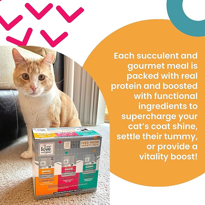 I AND LOVE AND YOU Feed Meow Boost Wet Cat Food - Chicken - Antioxidants & Vitamins for Vitality, Grain Free, Shredded, 3oz Pack of 12