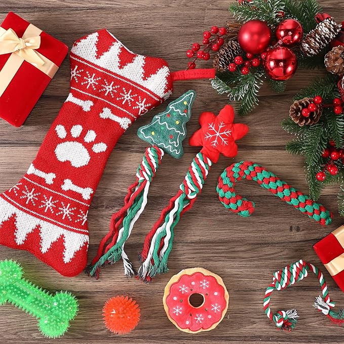 JellyArch 8 Pcs Christmas Dog Toys Gifts Christmas Stocking with Rope Knot Squeaky Plush Chew Toys for Xmas Gifts for Teething Puppy Small Medium Dog