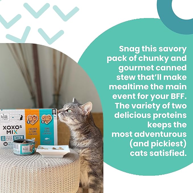 I AND LOVE AND YOU XOXOs Wet Cat Food - Chicken + Tuna Stew Variety Pack - Grain Free, Filler Free, 3oz Pack of 12 Cans