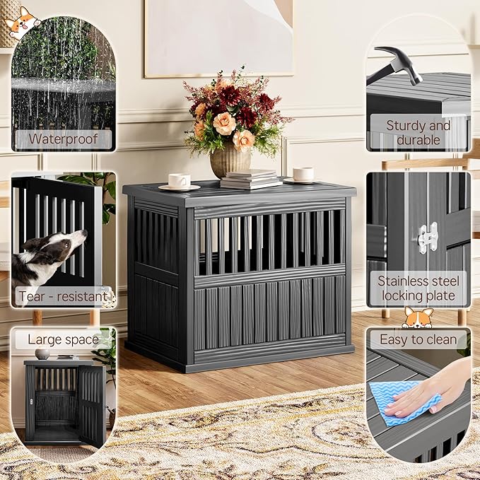 Fancyango Dog Crate Furniture End Table - Decorative Corner Dog House Table for Small to Medium Dogs, Indoor Plastic Dog Crate with Lockable Latch (Black1, 29.5" L x 21" W x 25.2" H)