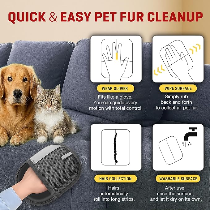 Pet Hair Removal Glove for Dogs & Cats, Newly Upgraded Reusable Electrostatic Pet Hair Glove, Magic Brush Pet Hair Remover Tool for Clothing, Couch, Carpet, Car Seats (2)