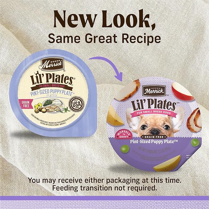 Merrick Lil Plates Wet Dog Food for Small Breed Puppies, Pint-Sized Puppy Plate in Gravy with Real Deboned Chicken, 3.5 oz Tub