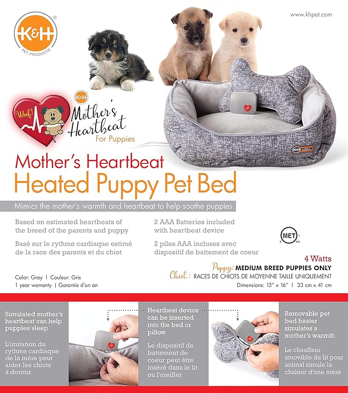 K&H Pet Products Mother’s Heartbeat Heated Puppy Bed Heated Bed + Bone Pillow Gray Medium Breed Heartbeat 13 X 16 Inches