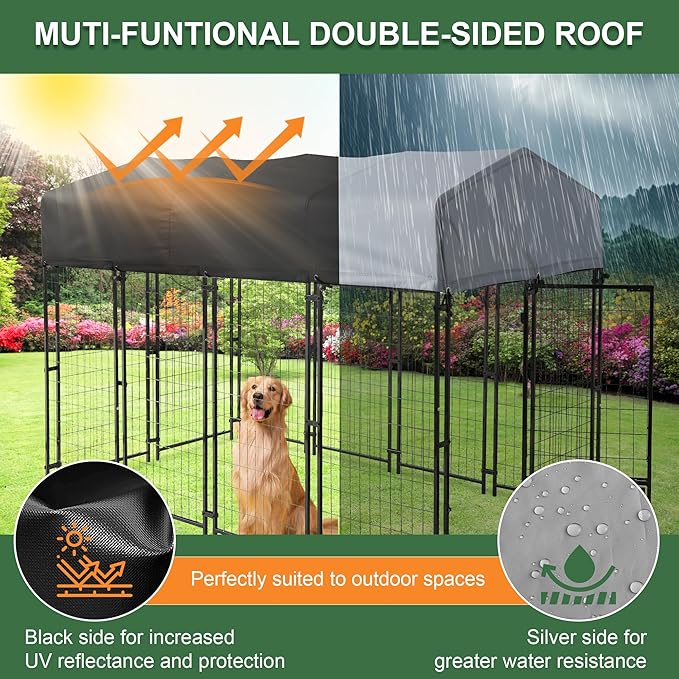 8x4x6 FT Outdoor Dog Kennels for Large Dogs, Heavy Duty Welded Wire Steel Outside Dog Kennel with Roof, Dog Pens with 2 Rotating Dog Bowls, Dog Playpen Fence with Secure Lock for Backyard