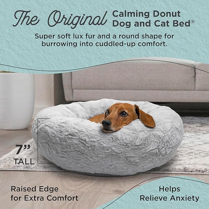 Best Friends by Sheri The Original Calming Donut Dog Bed for Small Dogs up to 25 lbs, Lux Faux Fur, Gray, 23" x 23"