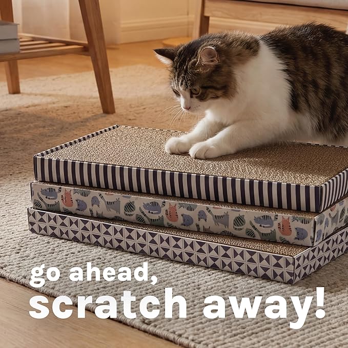 Kitty City 3-Pack XL Double Sided Corrugate Cat Scratcher Pads with Catnip - X-Large Horizontal Cat Scratcher Mats, Reversible Corrugate Nail File Scratchers - Stripes & Cats Design, 18” x 10” Each