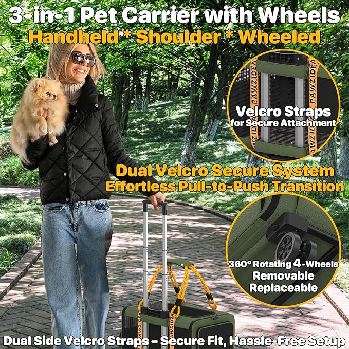 PAWZIDEA Expandable Pet Carrier with Wheels, 18"x11"x11" TSA Airline Approved Cat Carrier for 2 Cats Under Seat, Collapsible Soft-Sided Small Dog Rolling Travel Bag with Telescopic Handle, Up to 18lbs