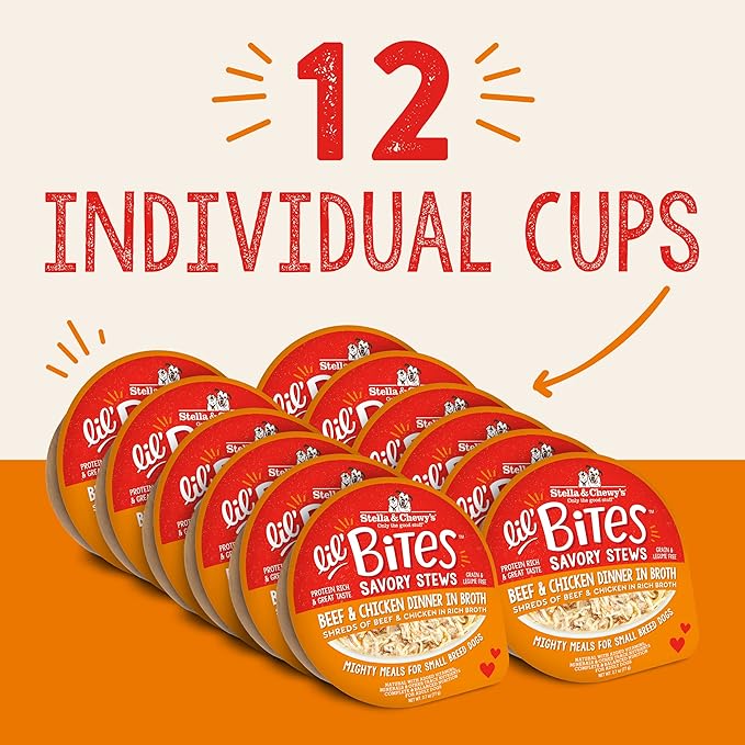 Stella & Chewy's Lil Bites Savory Stews for Small Breeds Beef & Chicken Dinner in Broth,2.7 oz. Cups,(Pack of 24)