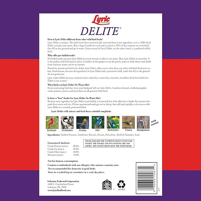 Lyric Delite Wild Bird Seed for Outside Feeders - No Waste Bird Food, Shell-Free Nuts & Seeds Mix, Attracts Buntings, Chickadees & Finches, 20 lb Bag