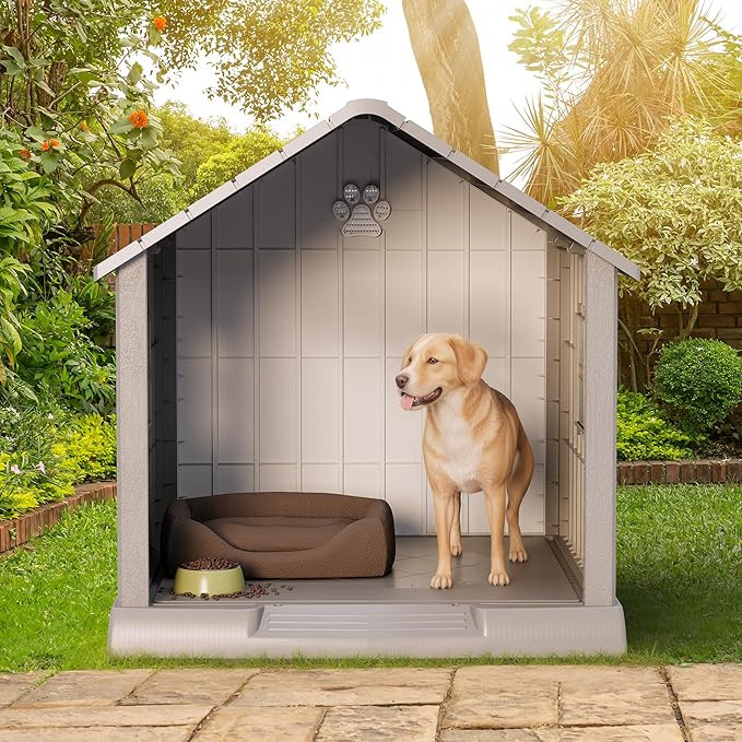 Bifanuo Dog House for Outdoor & Indoor Use with Window, Waterproof Ventilated Kennel with Elevated Floor, Easy to Clean Shelter for Small Medium Large Dogs (Grey, 37.2" L x 40" W x 40" H)