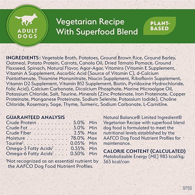 Natural Balance Limited Ingredient Adult Wet Canned Dog Food with Vegan Plant Based Protein and Healthy Grains, Vegetarian Recipe, 13 Ounce (Pack of 12)