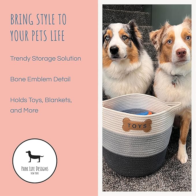 Park Life Designs Florence Dog Toy Storage Bin, Cotton Pet Organizer for Dogs, Cats, Puppies & Kittens, White-Gray Zigzag