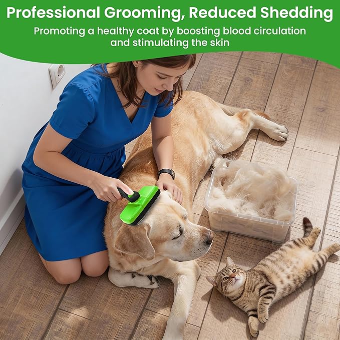 Pet Self Cleaning Slicker Brush and Pet Hair Remover Glove. A Brush for Cat and Dog Shedding, Massaging, and a Cleaning Mitt with Improved Design. Suitable for Long and Short haired Dogs and Cats