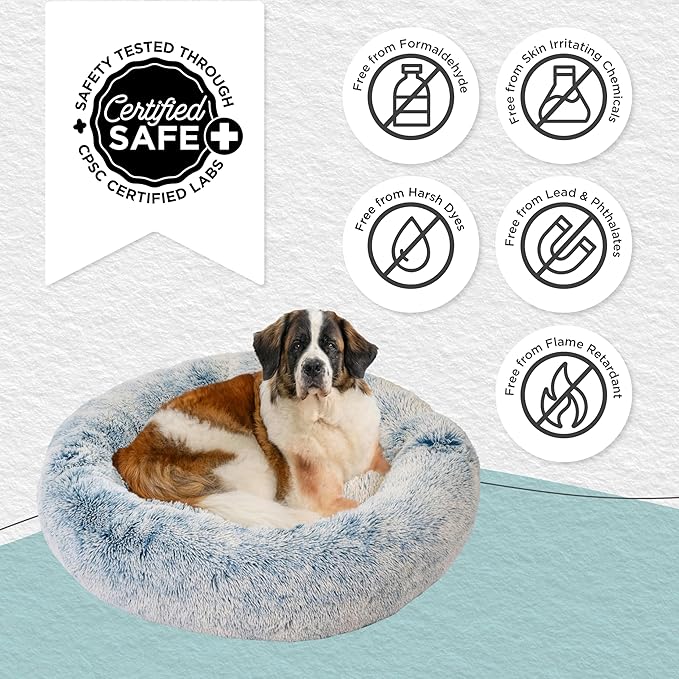 Best Friends by Sheri The Original Calming Donut Dog Bed for Extra-Large Dogs up to 150 lbs, Shag Faux Fur, Denim Blue, 45" x 45"