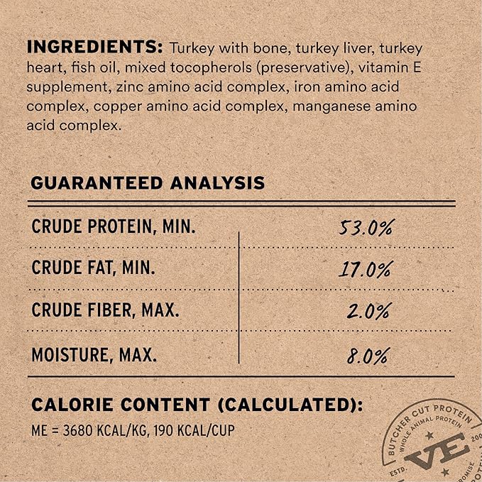 Vital Essentials Freeze Dried Cat Food, Raw Turkey Crunchy Mini Nibs | Complete Meal or Topper | 96% Turkey, Organs & Bone | Limited Ingredient, High Protein, Grain Free Dry Cat Food | 8 oz Bag