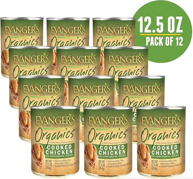 Evanger's Organic Cooked Chicken for Dogs – 12 Count, 12.5 oz Each – Grain & Gluten Free, Qualified Organic, GMO & Antibiotic Free