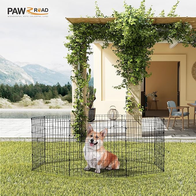 PAWZ Road Dog Playpen Foldable Metal Dog Fence Outdoor/Indoor Use Portable Design for RV and Camping- 8 Panels (24" Wide Each), 30 inch Height for Small Dogs Puppy Large Dogs