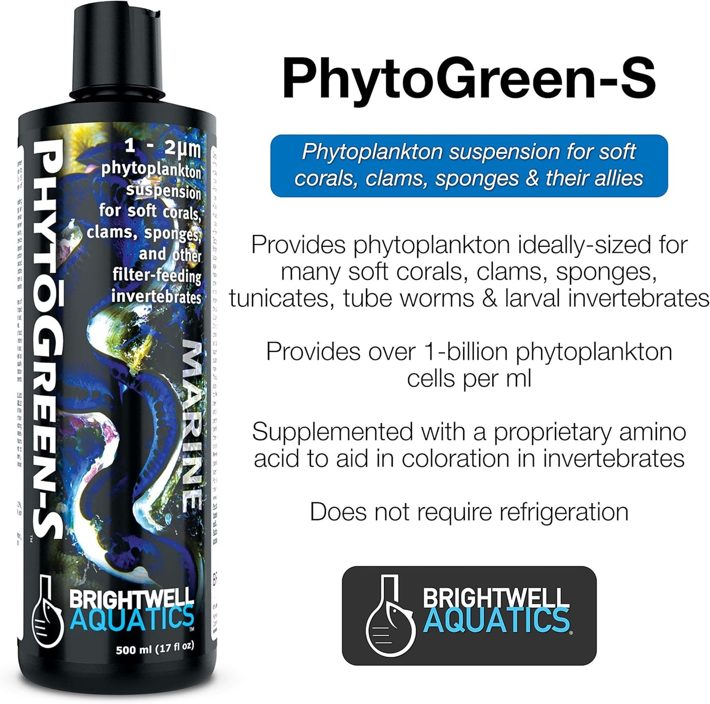 Brightwell Aquatics PhytoGreen S - Phytoplankton Suspension for Soft Corals, Clams, Sponges & Other Filter-Feeders, 250 ml