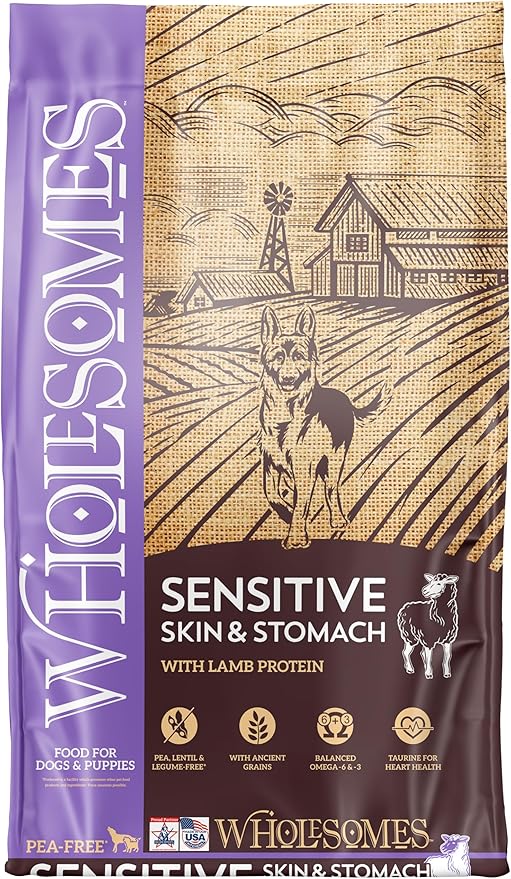 Wholesomes Sensitive Skin & Stomach Dry Dog Food, Lamb Protein & Rice Recipe, Highly Digestible Ancient Grains, 30 lb Bag