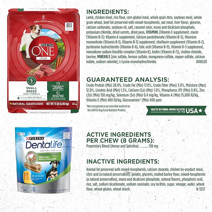 Purina Bundle Pack Small Breed Dog Food and Treats, ONE +Plus Lamb and Rice Formula with DentaLife Daily Oral Care