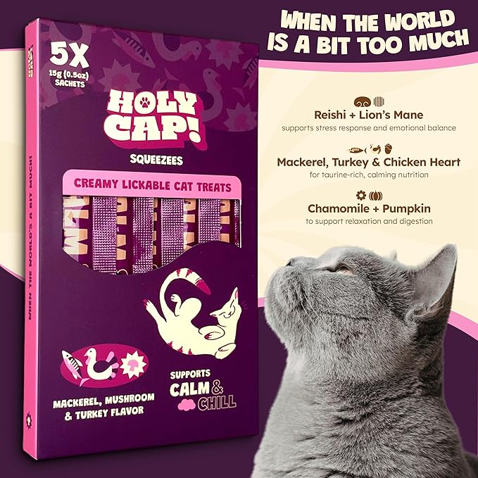 Calm & Chill Grain-Free Lickable Cat Treats, 5 Squeezable Purée Tubes (0.5 oz Each), Mackerel & Turkey Flavor, Creamy Cat Purée with Clean Ingredients, Hand-Fed Treat or Meal Topper