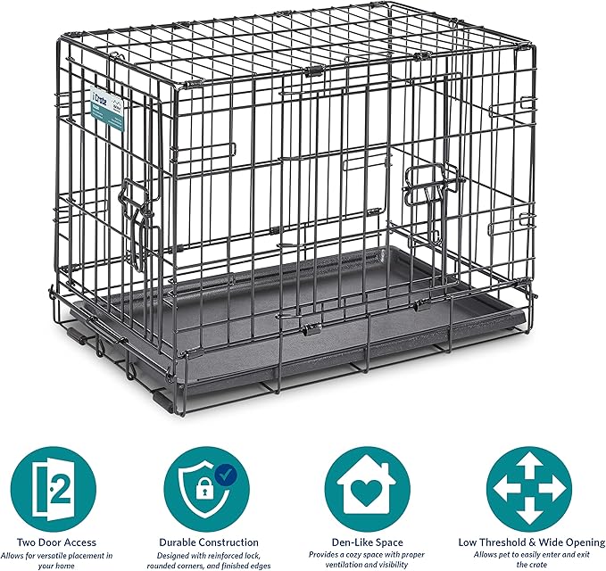 MidWest Homes for Pets 22-Inch iCrate for Extra-Small Breeds, Up to 15 lbs, Double Door Folding Dog Crate with Divider Panel, Leak-Proof Tray & Secure Latches, Portable, Durable & Easy to Assemble