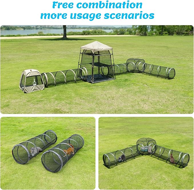 2 Connectable Large Cat Tunnels and 1 Portable Mesh Cube for Indoor and Outdoor, Durable Enclosed Outdoor Pet Playpen for Cats,Puppy and Small Animals to Play, Jump and Sleep Safely